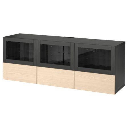 Тумба под ТВ, с дверцами и ящиками БЕСТО, черно-коричневый Инвикен, ясеневый шпон прозрачное стекло (180x40x64 см)