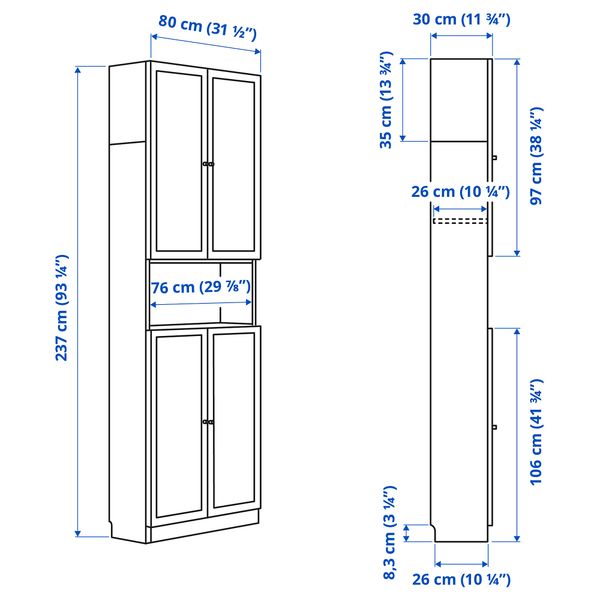Стеллаж с дверцами, дополнительным. модулем, под березу, 80x30x237 см IKEA BILLY БИЛЛИ, OXBERG ОКСБЕРГ 694.833.69 - схема-чертеж с размерами