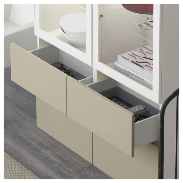 Комбинация для хранения со стеклянными дверцами БЕСТО, белый, Сельсвикен глянцевый/бежевый прозрачное стекло (120x40x128 см) - схема-чертеж с размерами