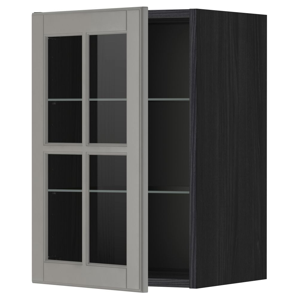 Навесной шкаф с полками, стекляными дверцы МЕТОД, черный, Будбин серый - схема-чертеж с размерами