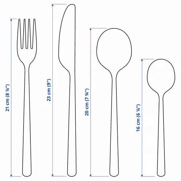 LÖFTESRIK Столовый набор,24 предмета - чёрный/нержавеющ сталь сатин - схема-чертеж с размерами