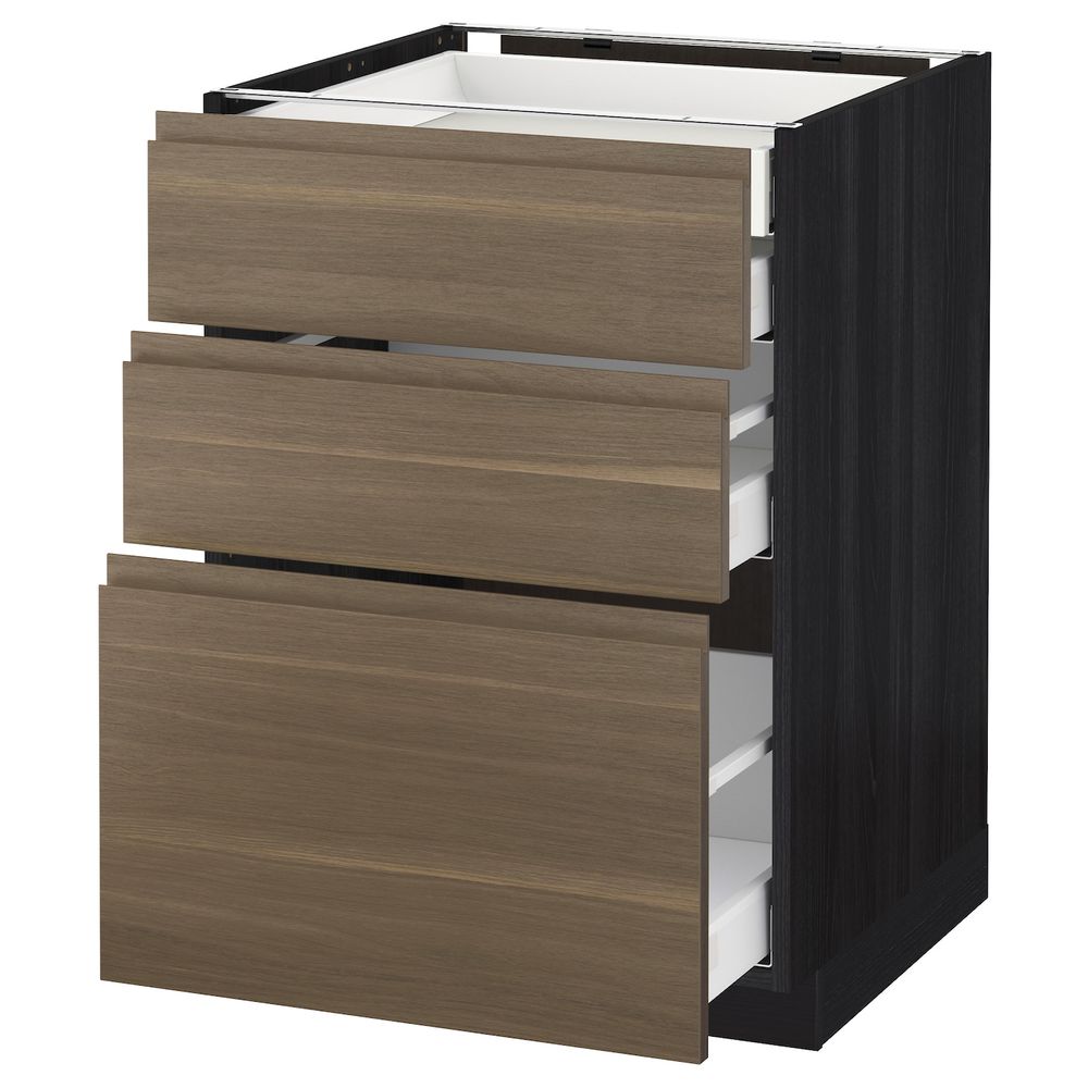 Напольный шкаф 3 фронтальные панели, 2 низких, 1 средний, 1 встроенный ящ, черный/Воксторп грецкий орех 60x60 см IKEA МЕТОД / - схема-чертеж с размерами