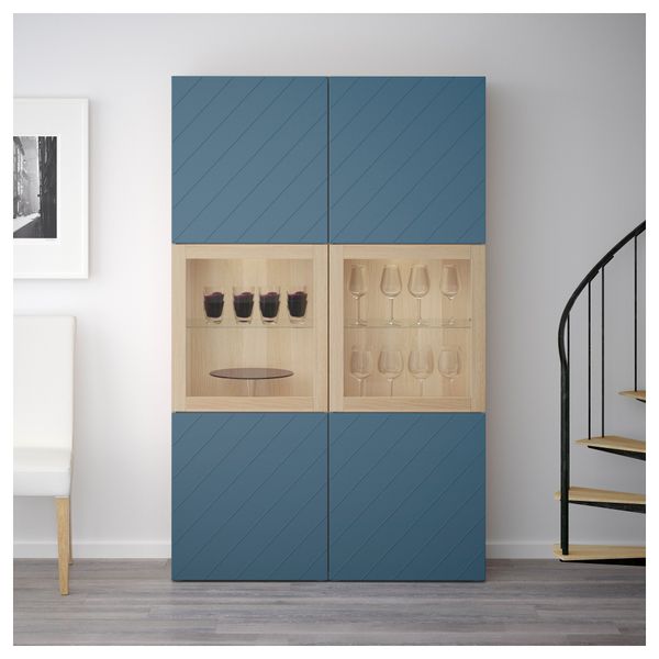 Комбинация для хранения со стеклянными дверцами БЕСТО, под беленый дуб Халлставик, темно-синий прозрачное стекло (120x40x192 см) - фото 2