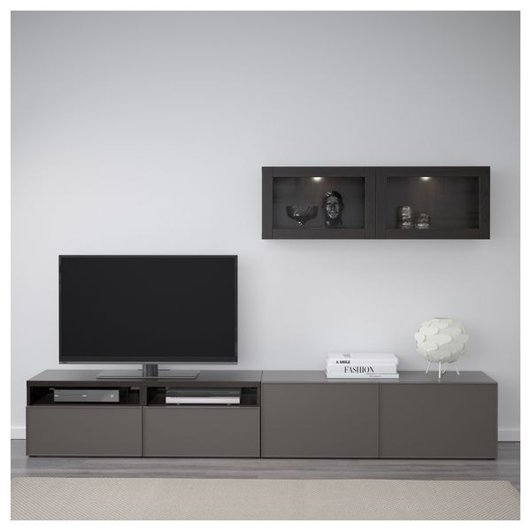 Шкаф для ТВ, комбинированный, стекляные дверцы БЕСТО, черно-коричневый Грундсвикен, темно-серый прозрачное стекло (240x20/40x166 - фото 3