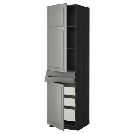 Высокий шкаф + полки, 5 ящиков, 2 дверцы, 2 фронтальных МЕТОД / МАКСИМЕРА, черный, Будбин серый