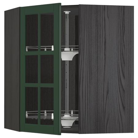 Угловой навесной шкаф с вращающейся секция, стеклянная дв, черный/Будбин темно-зеленый 68x80 см IKEA МЕТОД 493.134.05