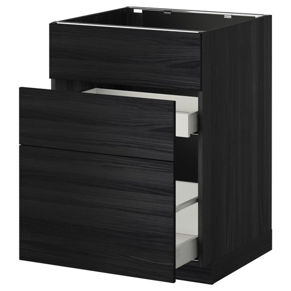 Напольный шкаф под мойку + 3 фронтальных панели/2ящ, черный, Тингсрид черный 60x60 см IKEA МЕТОД / МАКСИМЕРА 792.345.34 - схема-чертеж с размерами