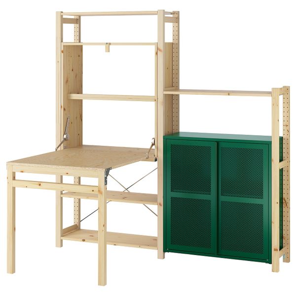 Стеллаж со столом/шкафами/ящиками, сосна/зеленый сетка 175x30-104x179 см IKEA IVAR ИВАР 994.013.72 - схема-чертеж с размерами