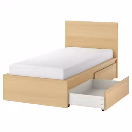 MALM Каркас кровати+2 кроватных ящика - дубовый шпон, беленый/Lönset 90x200 см