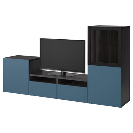 Шкаф для ТВ, комбинированный, стекляные дверцы БЕСТО, черно-коричневый Вальвикен, темно-синий прозрачное стекло (240x40x128 см)
