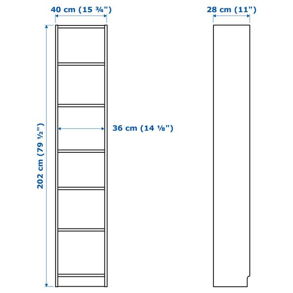 Стеллаж, коричневый ясеневый шпон 40x28x202 см IKEA BILLY БИЛЛИ 303.842.14 - схема-чертеж с размерами