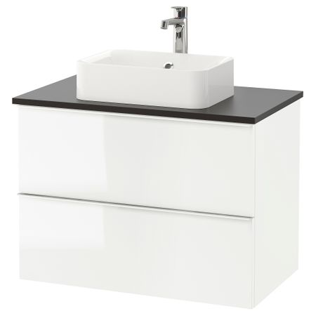 Шкаф со столешницей 45x32 раковина ГОДМОРГОН/ТОЛКЕН / ХОРВИК, глянцевый белый, антрацит (82x49x72 см)