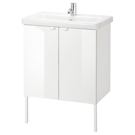 Шкаф под раковину с 2 дверец, глянцевый белый/ПИЛКОН смеситель 64x43x88 см IKEA FISKÅN ФИСКОН / TVÄLLEN ТВЭЛЛЕН 394.304.38