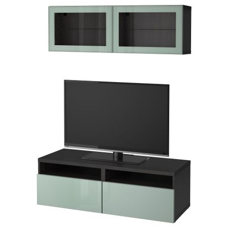 Шкаф для ТВ, комбинированный, стекляные дверцы БЕСТО, черно-коричневый Сельсвикен, глянцевый/серо-зеленый светлый прозрачное