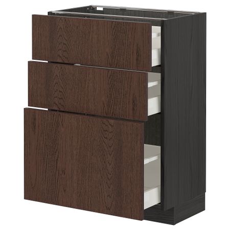 Напольный шкаф с 3 ящиками, черный, Sinarp коричневый, 60x37 см IKEA METOD МЕТОД, MAXIMERA МАКСИМЕРА 894.057.71