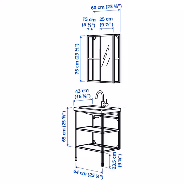 ENHET Ванная - белый 64x43x87 см - схема-чертеж с размерами