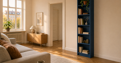 Синий IKEA BILLY 40×202 см в светлой скандинавской гостиной — книги в нейтральных тонах, золотистый свет из окна