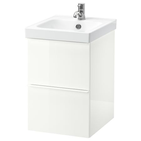 Шкаф для раковины с 2 ящиками, 43x49x64 см, глянцевый белый IKEA ODENSVIK ОДЕНСВИК, GODMORGON ГОДМОРГОН 092.977.23
