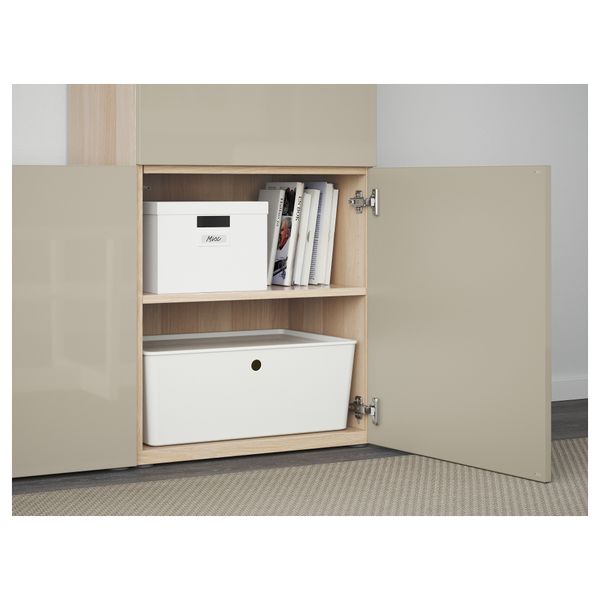 Шкаф для ТВ, комбинированный, стекляные дверцы БЕСТО, под беленый дуб, Сельсвикен глянцевый/бежевый прозрачное стекло - фото 3