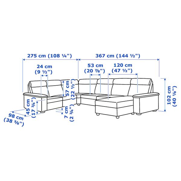 Угловой 6-местный диван, с козеткой/Гранн/Бумстад золотисто-коричневый IKEA LIDHULT ЛИДГУЛЬТ 292.572.69 - схема-чертеж с размерами