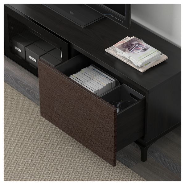 Тумба под ТВ с ящиками и дверцей БЕСТО, черно-коричневый, Сельсвикен глянцевый/коричневый прозрач стекло (180x40x48 см) - фото 3