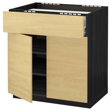 Напольный шкаф для варочной панели, ящик, полка, 2 дверцы МЕТОД / ФОРВАРА, черный, Тингсрид береза (80x60 см)