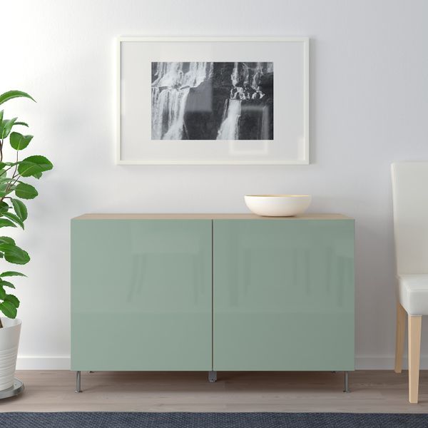 Комбинация для хранения с дверцами, под беленый дуб, СЕЛЬСВ/СТАЛЛАРП глянцевый/серо-зеленый светлый, 120x40x74 см IKEA БЕСТО - фото 2