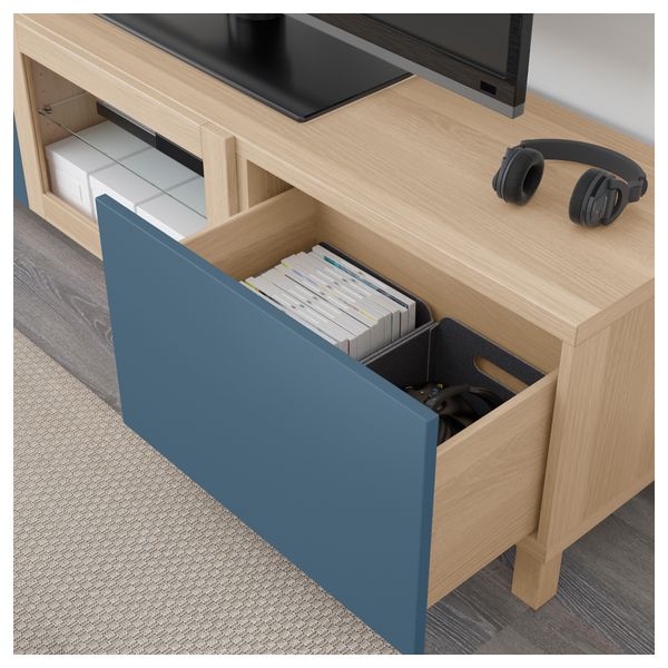 Тумба под ТВ с ящиками и дверцей БЕСТО, под беленый дуб Вальвикен, темно-синий прозрачное стекло (180x40x48 см) - фото 4