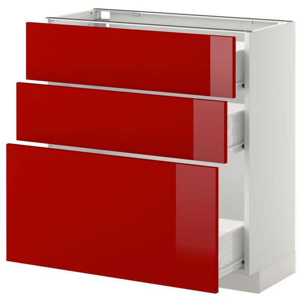 Напольный шкаф с 3 ящиками МЕТОД / ФОРВАРА, белый, Рингульт красный - схема-чертеж с размерами