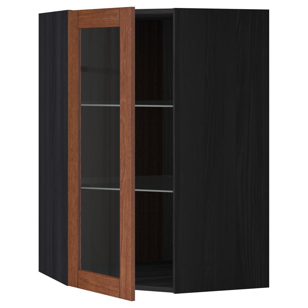 Угловой навесной шкаф с полками, стекляными дверцами МЕТОД, черный, Филипстад коричневый - схема-чертеж с размерами