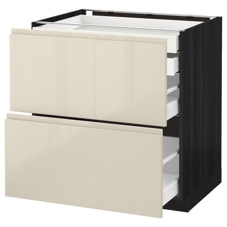 Напольный шкаф 2 фронтальные панели, 2 нижних, 1 средний, 1 высокий ящ, черный, Воксторп глянцевый светло-бежевый 80x60 см IKEA