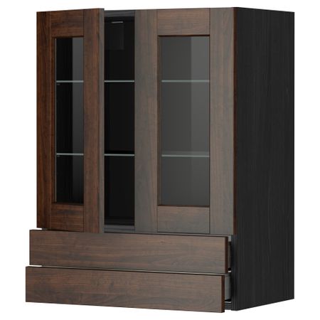 Навесной шкаф, 2 стеклянные дверцы, 2 ящика МЕТОД / МАКСИМЕРА, черный, Эдсерум коричневый