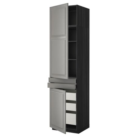 Высокий шкаф + полки, 5 ящиков, 2 дверцы, 2 фронтальных МЕТОД / МАКСИМЕРА, черный, Будбин серый