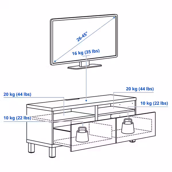 BESTÅ Тумба под ТВ, с ящиками - белый/Krukmakare бежевый 120x42x48 см - схема-чертеж с размерами