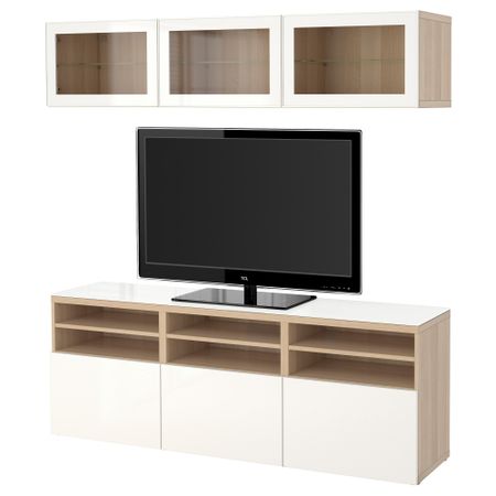 Шкаф для ТВ, комбинированный, стекляные дверцы БЕСТО, под беленый дуб под беленый дуб, Сельсвикен глянцевый/белый прозрачное