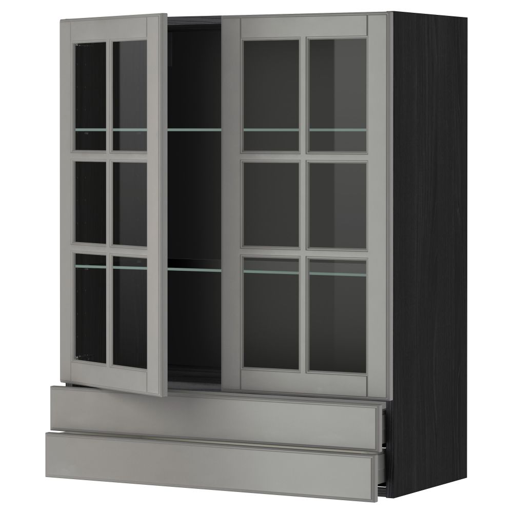 Навесной шкаф, 2 стеклянные дверцы, 2 ящика МЕТОД / МАКСИМЕРА, черный, Будбин серый - фото 1