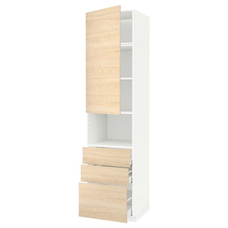 Высокий шкаф для/СВЧ+дверца/3 ящика МЕТОД / МАКСИМЕРА, белый, Аскерсунд ясень под светлый ясень
