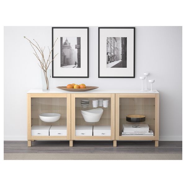 Комбинация для хранения с дверцами БЕСТО, Синдвик беленый дуб прозрачное стекло (180x40x74 см) - схема-чертеж с размерами