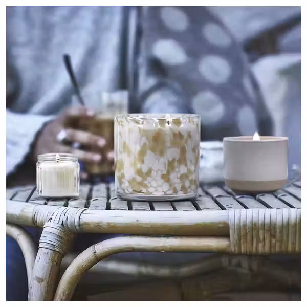 JÄMLIK ЭМЛИК Ароматическая свеча в стакане - Ваниль/светло-бежевый 12 ч - схема-чертеж с размерами