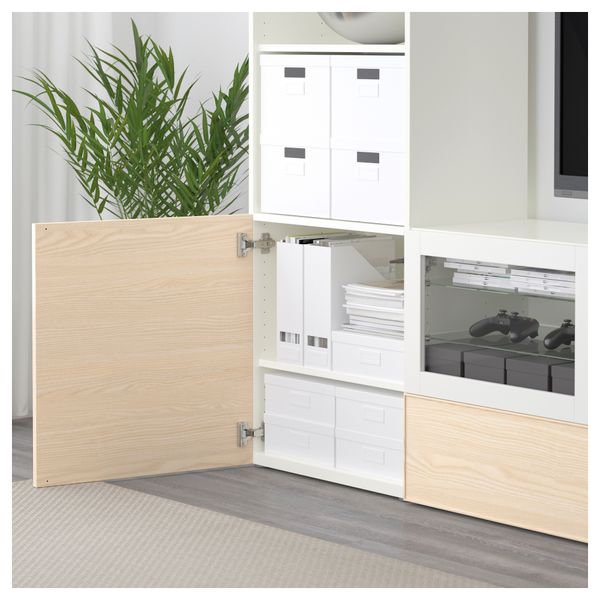 Шкаф для ТВ, комбинированный, стекляные дверцы БЕСТО, белый Инвикен, ясеневый шпон прозрачное стекло (240x40x230 см) - фото 3