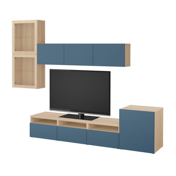 Шкаф для ТВ, комбинированный, стекляные дверцы БЕСТО, под беленый дуб Вальвикен, темно-синий прозрачное стекло (300x20/40x211 - фото 1