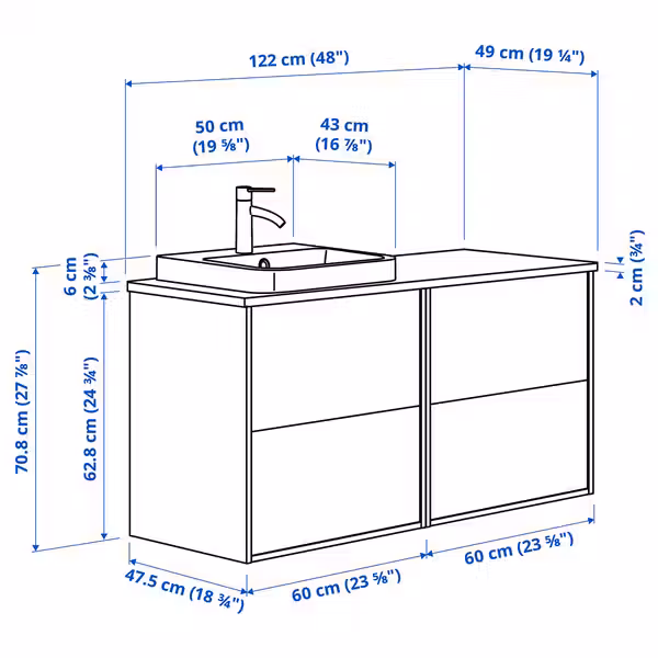 ÄNGSJÖN ЭНГШЁН / BACKSJÖN БАККШЁН Шкаф п-раковину/раковина/смеситель - схема-чертеж с размерами