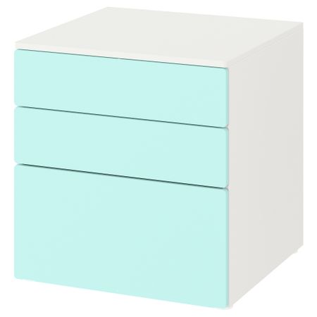 Комод с 3 ящиками, 60x57x63 см, белый, бледно-бирюзовый IKEA PLATSA ПЛАТСАA ПЛАТСА, SMÅSTAD СМОСТАД 993.875.59