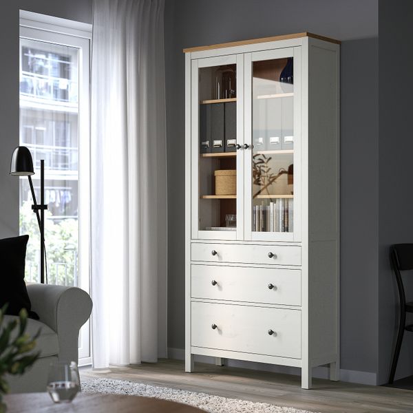 Шкаф-витрина с 3 ящиками, белая морилка/светло-коричневый 90x197 см IKEA HEMNES ХЕМНЭС 904.135.05 - фото 2