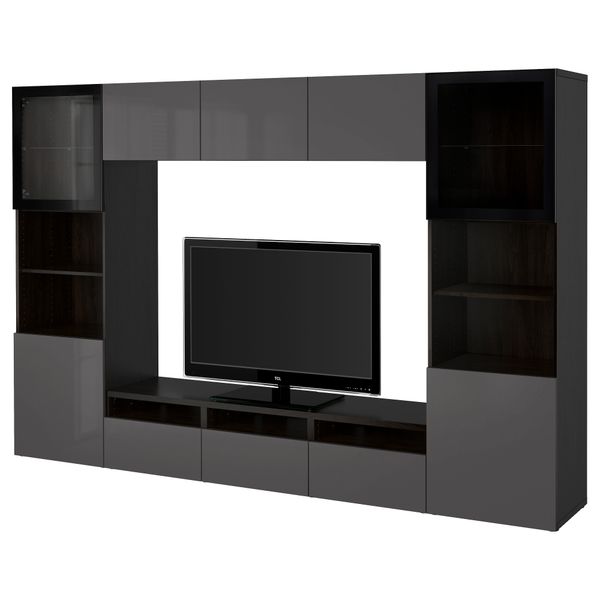 Шкаф для ТВ, комбинированный, стекляные дверцы БЕСТО, черно-коричневый, Сельсвикен глянцевый/серый прозрачное стекло (300x40x192 - фото 1