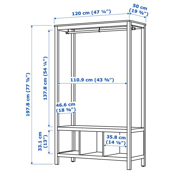 Открытый гардероб, 120x50x197 см, белая морилка IKEA HEMNES ХЕМНЭС 103.793.03 - схема-чертеж с размерами
