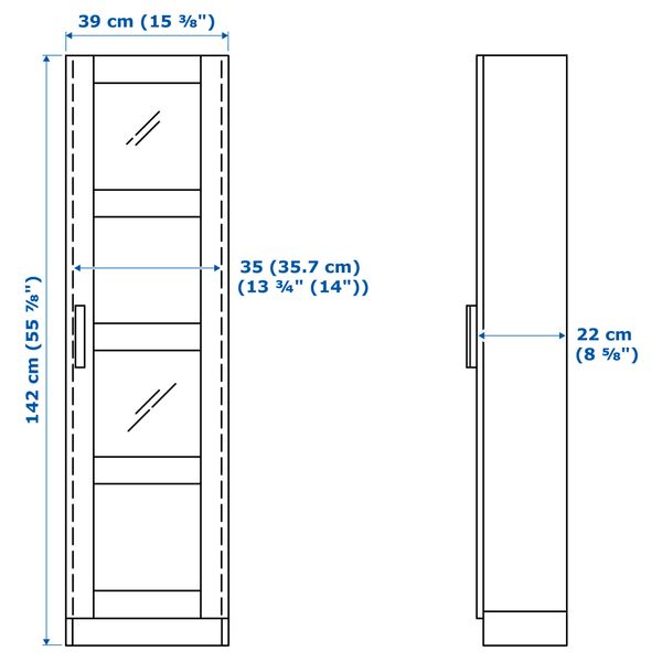 Шкаф-витрина БРИМНЭС, белый (39x142 см) - схема-чертеж с размерами