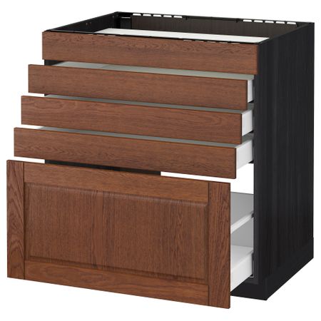 Напольный шкаф для варочной панели, 5 фасадов, 4 ящиков МЕТОД / МАКСИМЕРА, черный, Филипстад коричневый
