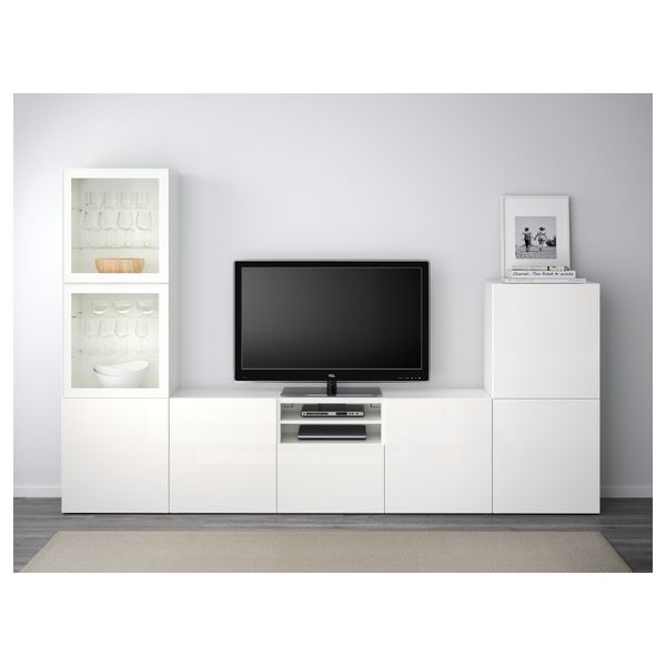 Шкаф для ТВ, комбинированный, стекляные дверцы БЕСТО, белый, Сельсвикен глянцевый/белый прозрачное стекло (300x40x192 см) - фото 2