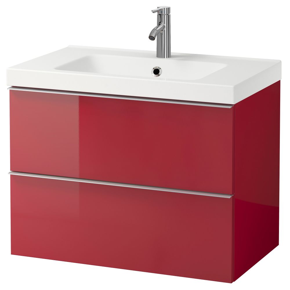 Шкаф для раковины с 2 ящиками ГОДМОРГОН / ОДЕНСВИК, глянцевый красный (80x49x64 см) - фото 1
